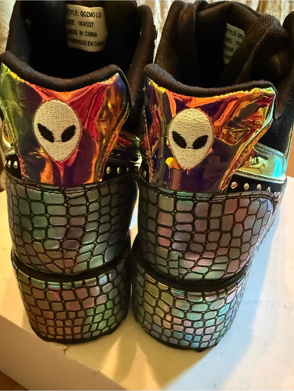 Y.R.U. Black Platform Sneakers with Iridescent Rainbow Scales and Pink Accents